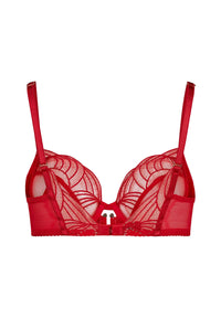 Back product shot of Gossard Viva Sheer Plunge Bra Red showing clasp closure, adjustable straps, and sheer embroidered fabric.