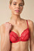 Gossard Viva Sheer Plunge Bra Red with eye-catching embroidery and gold accents, offering a flattering fit and underwire support.