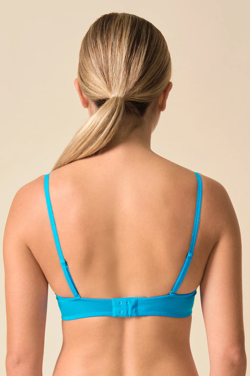 Back view of Gossard Glossies Sheer Bra Atomic Blue showing adjustable straps and hook-and-eye closure for invisible everyday support.