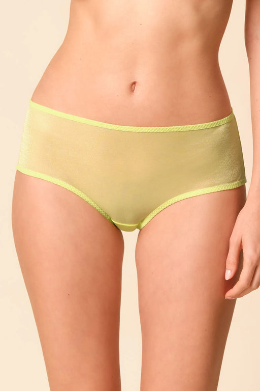 Front view of Gossard Glossies Sunny Lime Sheer Shorts Panty ATB 6274, featuring a low-rise fit and seamless sheer fabric for comfort.