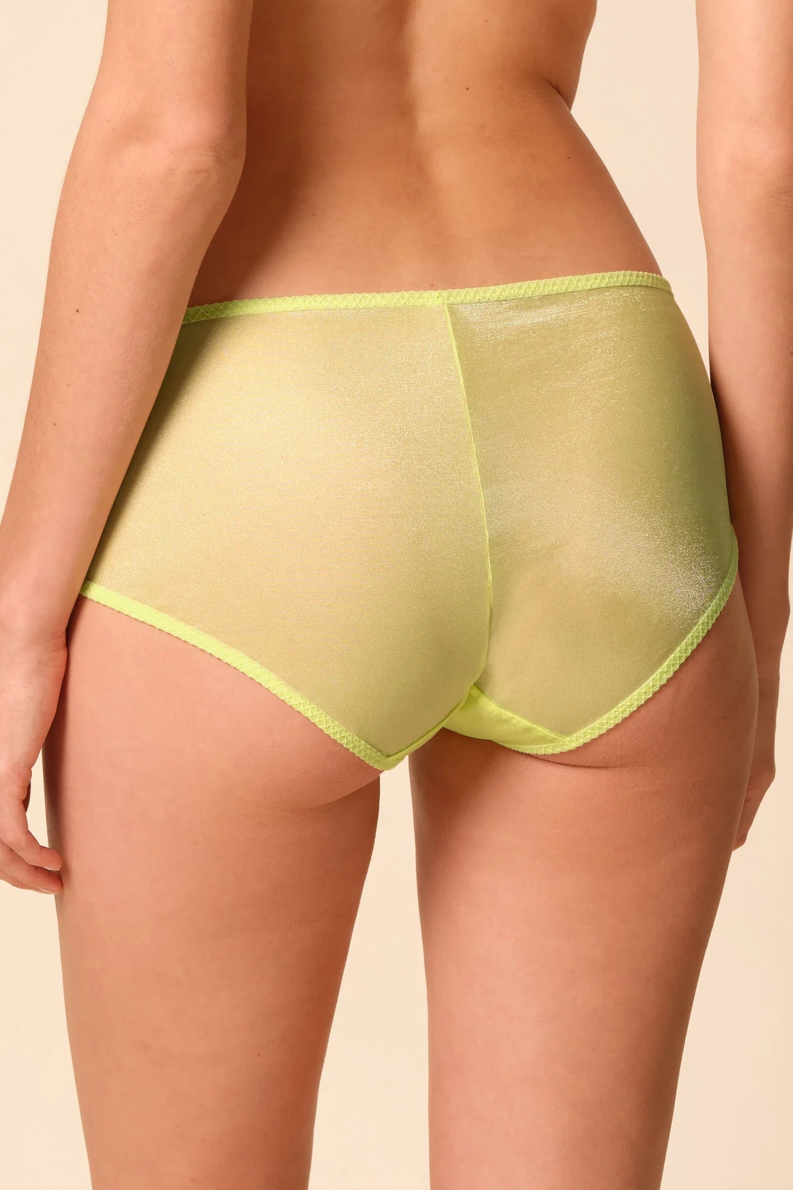 Back view of Gossard Glossies Sunny Lime Sheer Shorts Panty ATB 6274, showcasing full coverage and smooth, lightweight material.