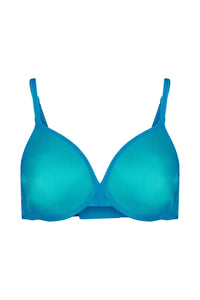Product image of Gossard Glossies Sheer Bra Atomic Blue front view, showing molded mesh cups and plunge neckline for invisible support.