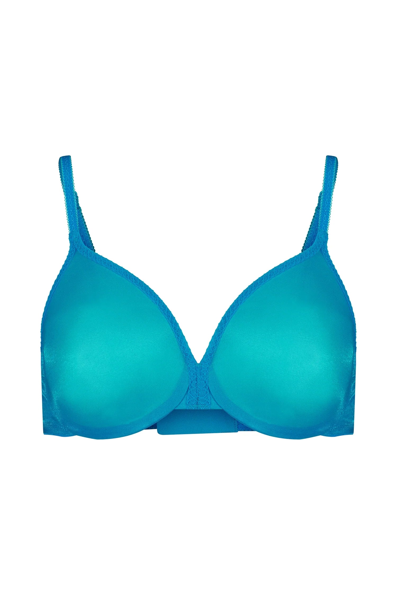 Product image of Gossard Glossies Sheer Bra Atomic Blue front view, showing molded mesh cups and plunge neckline for invisible support.