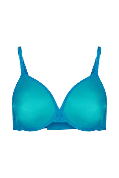 Product image of Gossard Glossies Sheer Bra Atomic Blue front view, showing molded mesh cups and plunge neckline for invisible support.