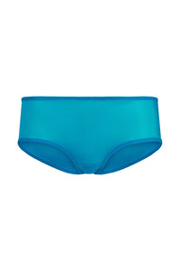 Flat lay front view of Gossard Glossies Atomic Blue Sheer Shorts Panty ATB 6274, showcasing boyshort cut and smooth fabric texture.