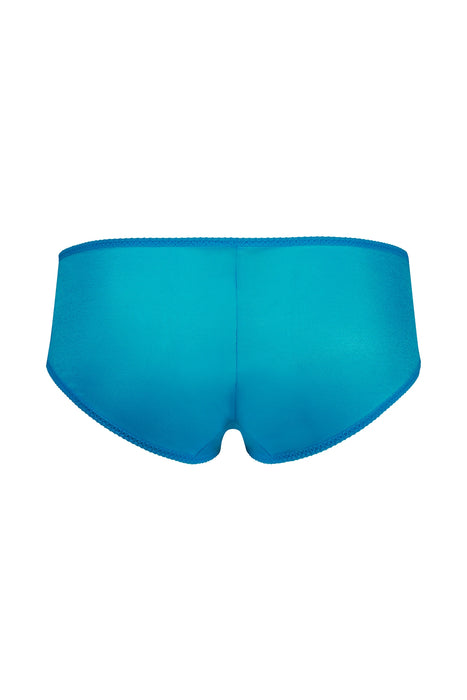 Flat lay back view of Gossard Glossies Atomic Blue Sheer Shorts Panty ATB 6274, highlighting seamless full coverage and sleek design.