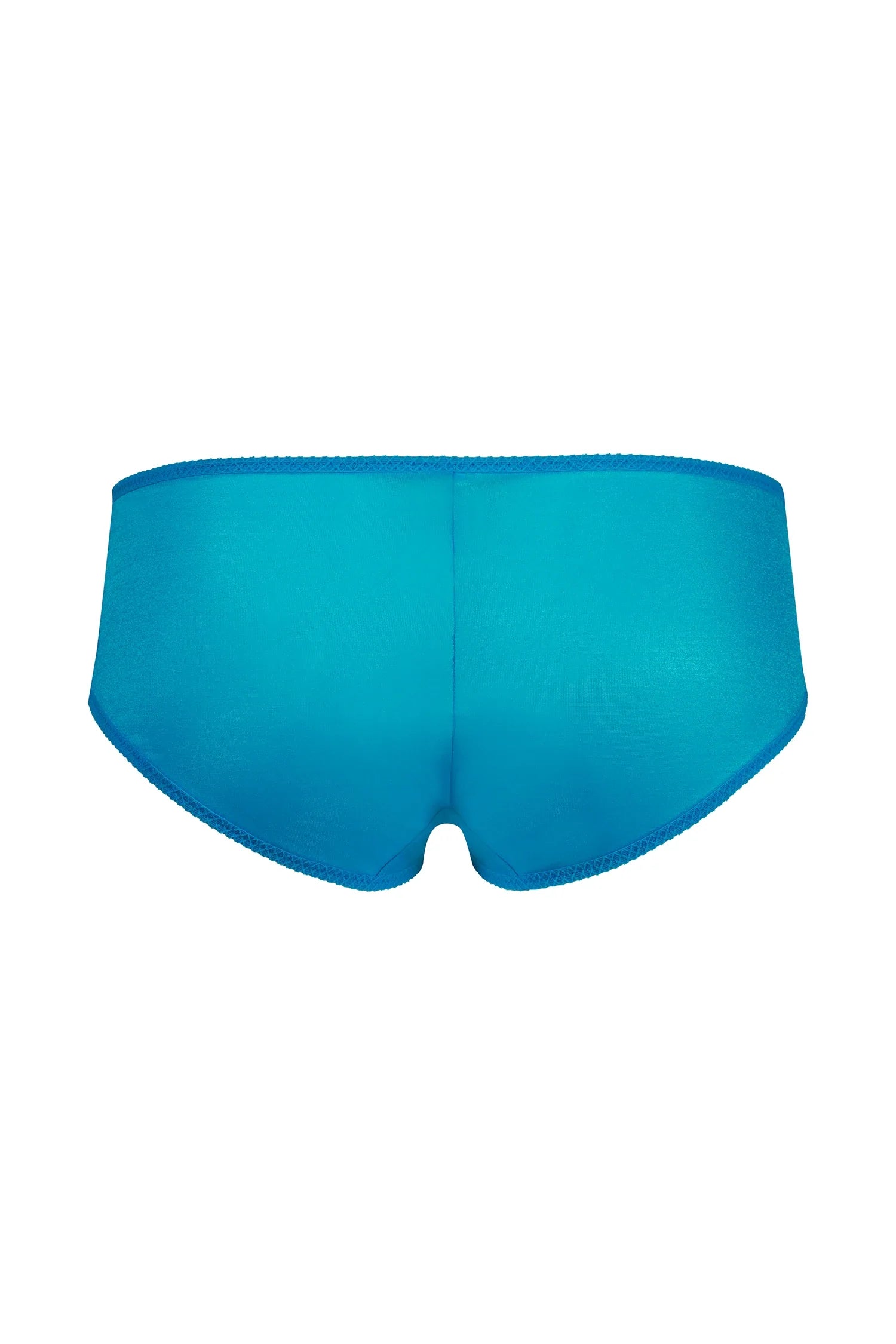 Flat lay back view of Gossard Glossies Atomic Blue Sheer Shorts Panty ATB 6274, highlighting seamless full coverage and sleek design.