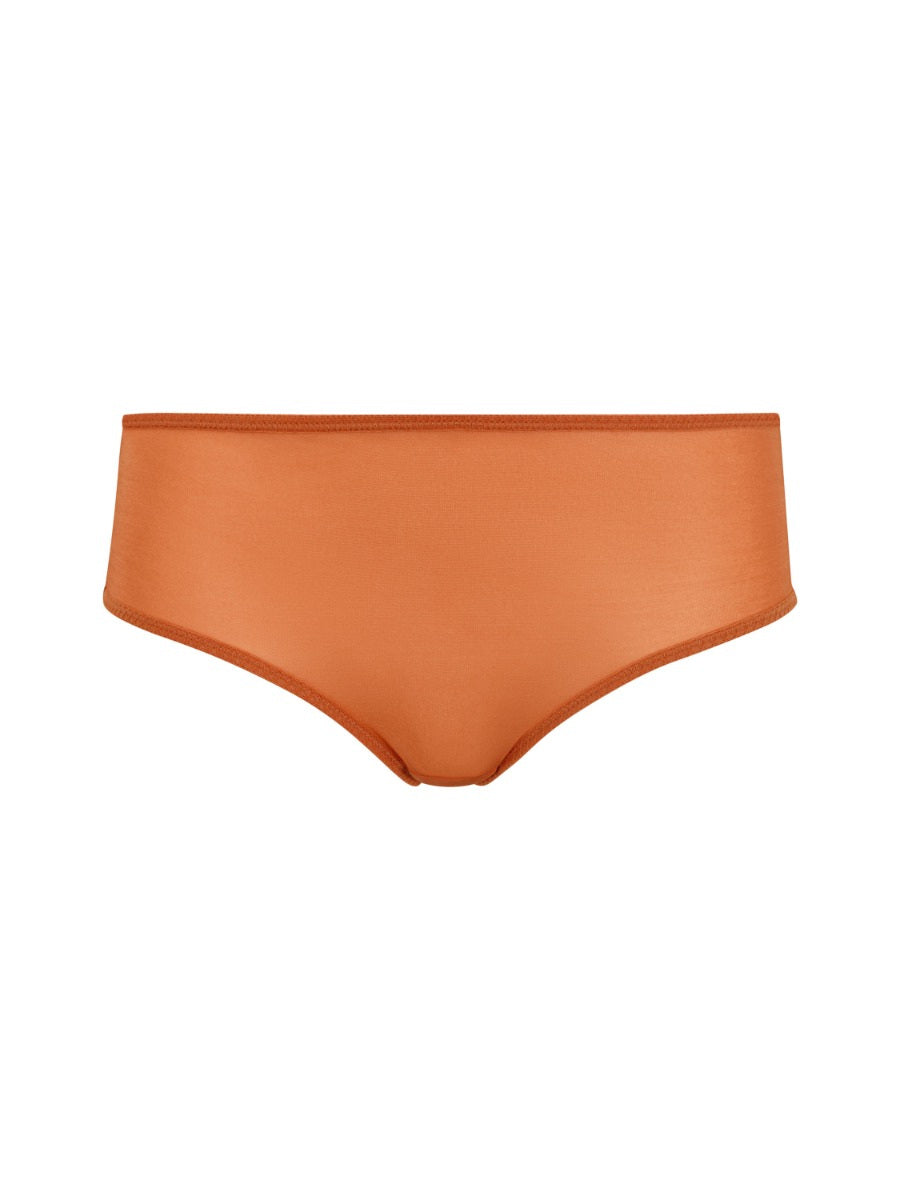 Model wearing Gossard Glossies Sunkissed Sheer Short Panty, stylish see-through lingerie, beige color, women's underwear