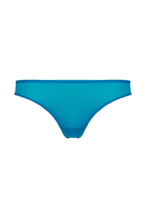 Flat lay front view of Gossard Glossies Atomic Blue Sheer Thong Panty 6276 ATB, designed for seamless comfort and style.