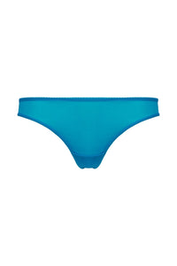 Flat lay front view of Gossard Glossies Atomic Blue Sheer Thong Panty 6276 ATB, designed for seamless comfort and style.