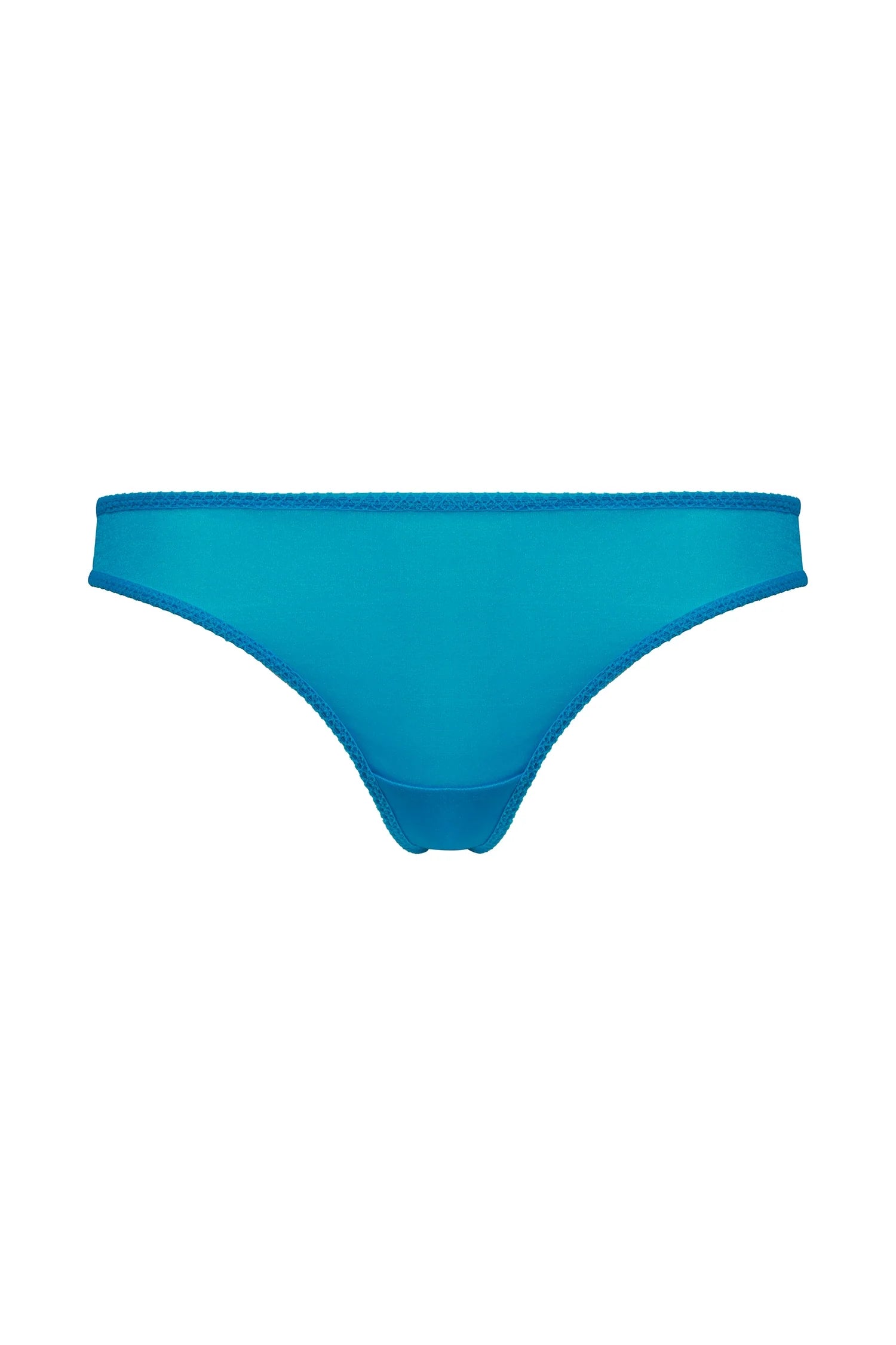 Flat lay front view of Gossard Glossies Atomic Blue Sheer Thong Panty 6276 ATB, designed for seamless comfort and style.
