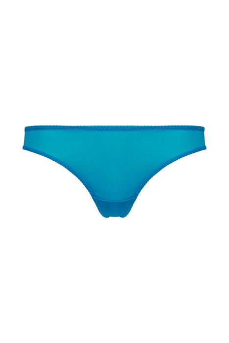 Flat lay front view of Gossard Glossies Atomic Blue Sheer Thong Panty 6276 ATB, designed for seamless comfort and style.