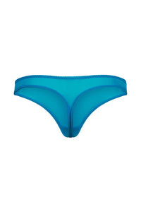 Flat lay back view of Gossard Glossies Atomic Blue Sheer Thong Panty 6276 ATB, showing sheer mesh and thong silhouette.