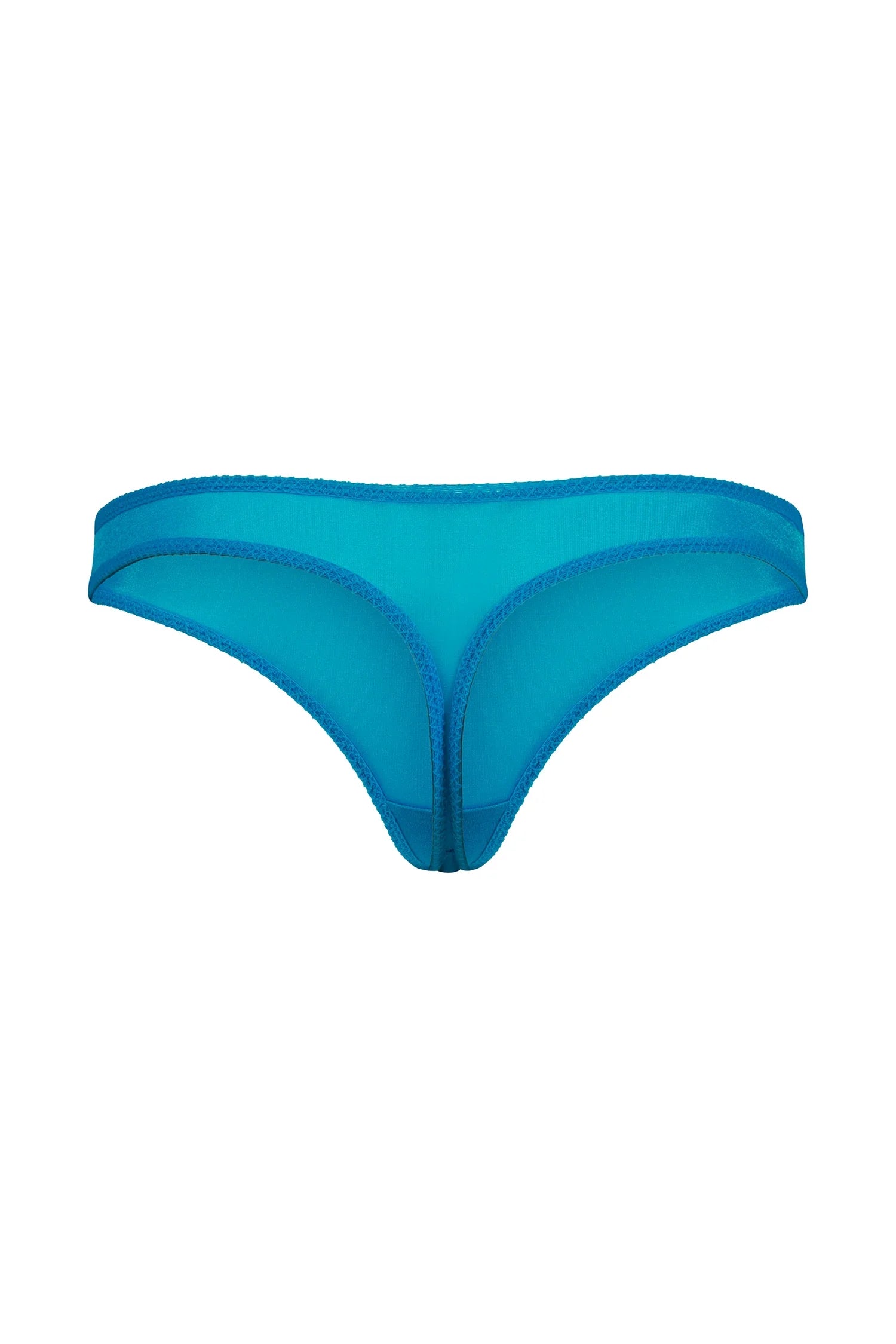 Flat lay back view of Gossard Glossies Atomic Blue Sheer Thong Panty 6276 ATB, showing sheer mesh and thong silhouette.