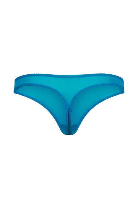 Flat lay back view of Gossard Glossies Atomic Blue Sheer Thong Panty 6276 ATB, showing sheer mesh and thong silhouette.