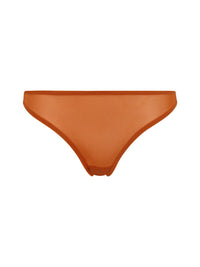 Model wearing beige sheer thong panties