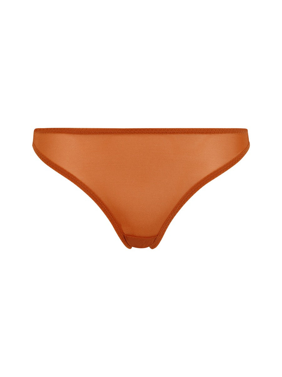 Model wearing beige sheer thong panties