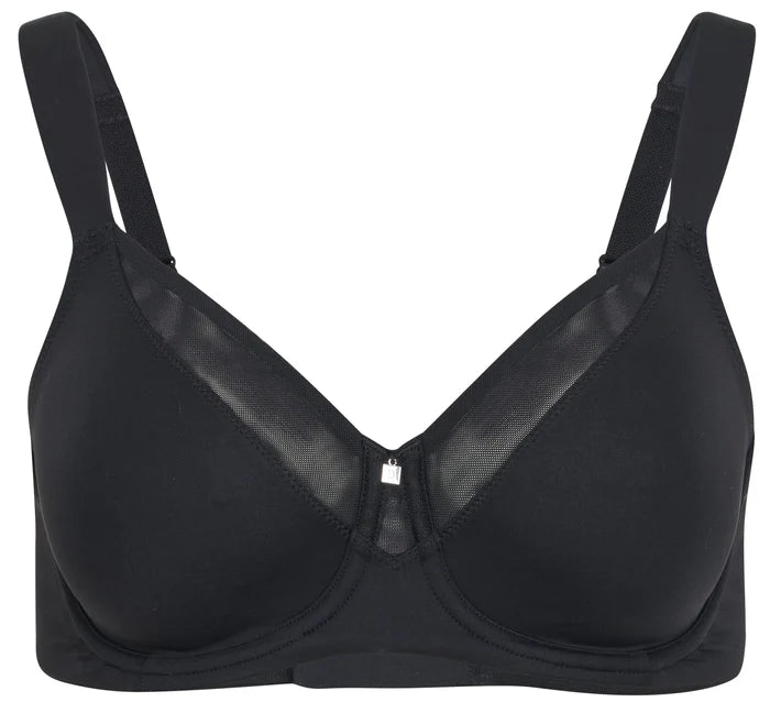Product-only view of Dominique Mallory Smoothing Comfort Underwire Minimizer Bra Black showing full coverage and mesh neckline.