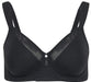 Product-only view of Dominique Mallory Smoothing Comfort Underwire Minimizer Bra Black showing full coverage and mesh neckline.