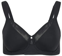Product-only view of Dominique Mallory Smoothing Comfort Underwire Minimizer Bra Black showing full coverage and mesh neckline.