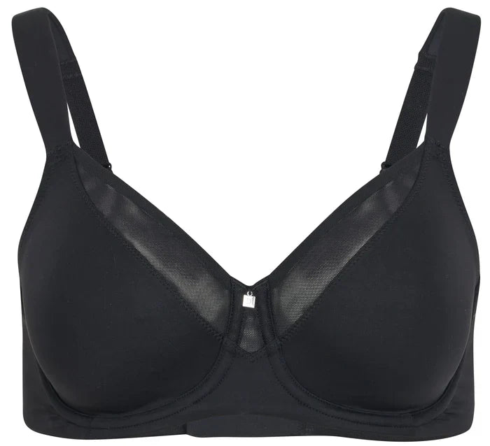 Product-only view of Dominique Mallory Smoothing Comfort Underwire Minimizer Bra Black showing full coverage and mesh neckline.