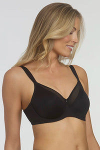 Side angle of Dominique Mallory Smoothing Comfort Underwire Minimizer Bra Black highlighting seamless design and underwire support.