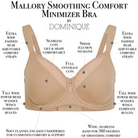 Dominique Mallory Smoothing Comfort Underwire Minimizer Bra Mocha with seamless full coverage cups, wide straps, and 360° smoothing support.