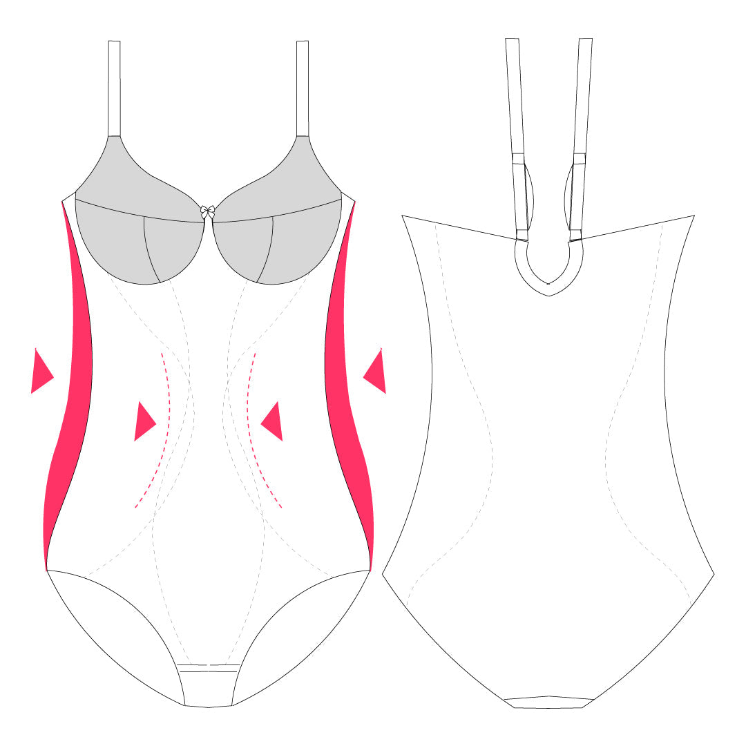 Technical illustration of Lauma Body Shaper showing targeted compression zones and shaping support for waist and back.