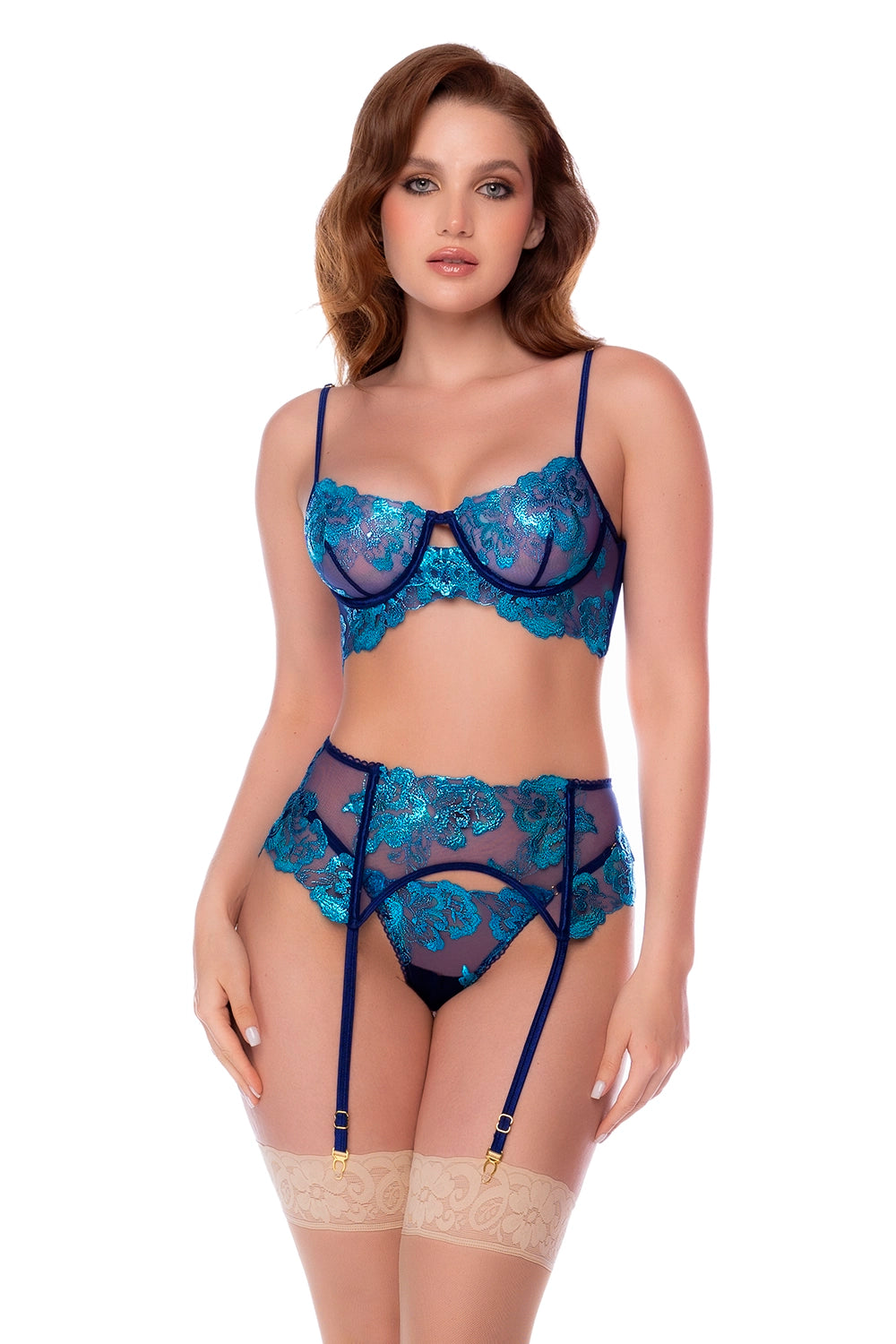 Mapale Midnight Blue Sheer Bra Thong & Garter Belt