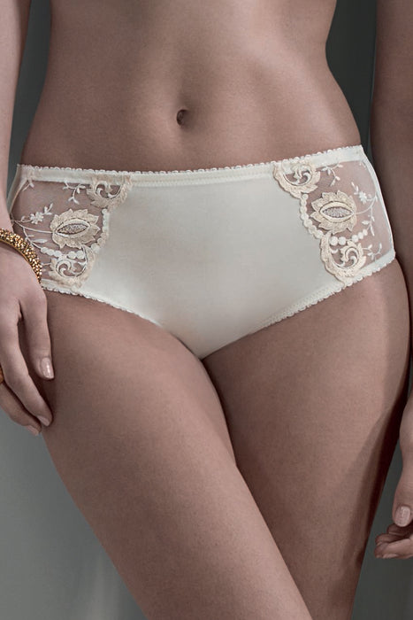 Conturelle Provence Panty bikini in vanilla with sheer embroidered tulle and scalloped edges, designed for curves and a flattering high-cut fit.