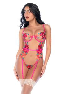 Sheer Mesh Bodysuit Mapale Wild Flower in pink with embroidered red and blue floral details, underwire cups, and garter straps, front view.