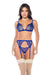 Mapale Sapphire Kiss Sheer Three-Piece Lingerie Set in blue featuring embroidered bra, panty, and garter belt. Elegant sheer lingerie for women.