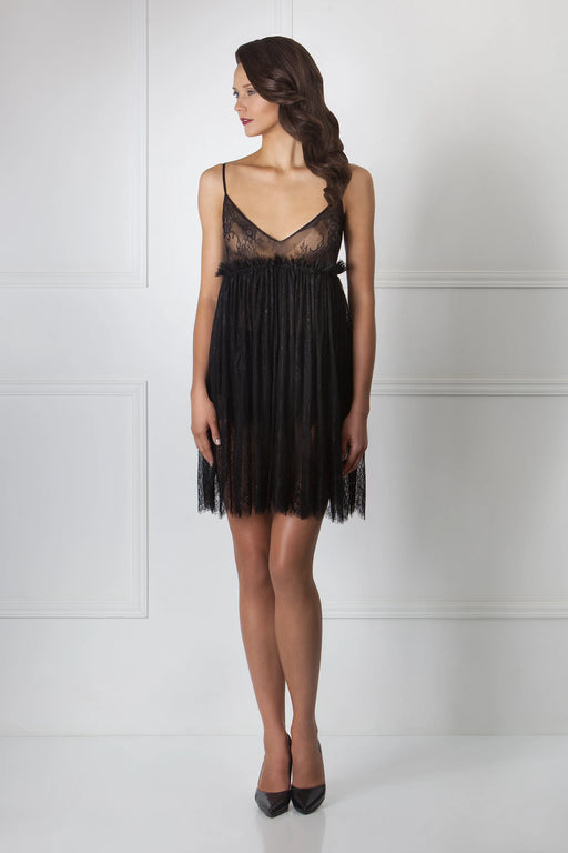 Luxurious black lace nightdress by Amoralle featuring a sheer lace bodice, pleated skirt, and delicate straps for romantic nightwear elegance.