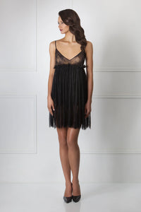Luxurious black lace nightdress by Amoralle featuring a sheer lace bodice, pleated skirt, and delicate straps for romantic nightwear elegance.