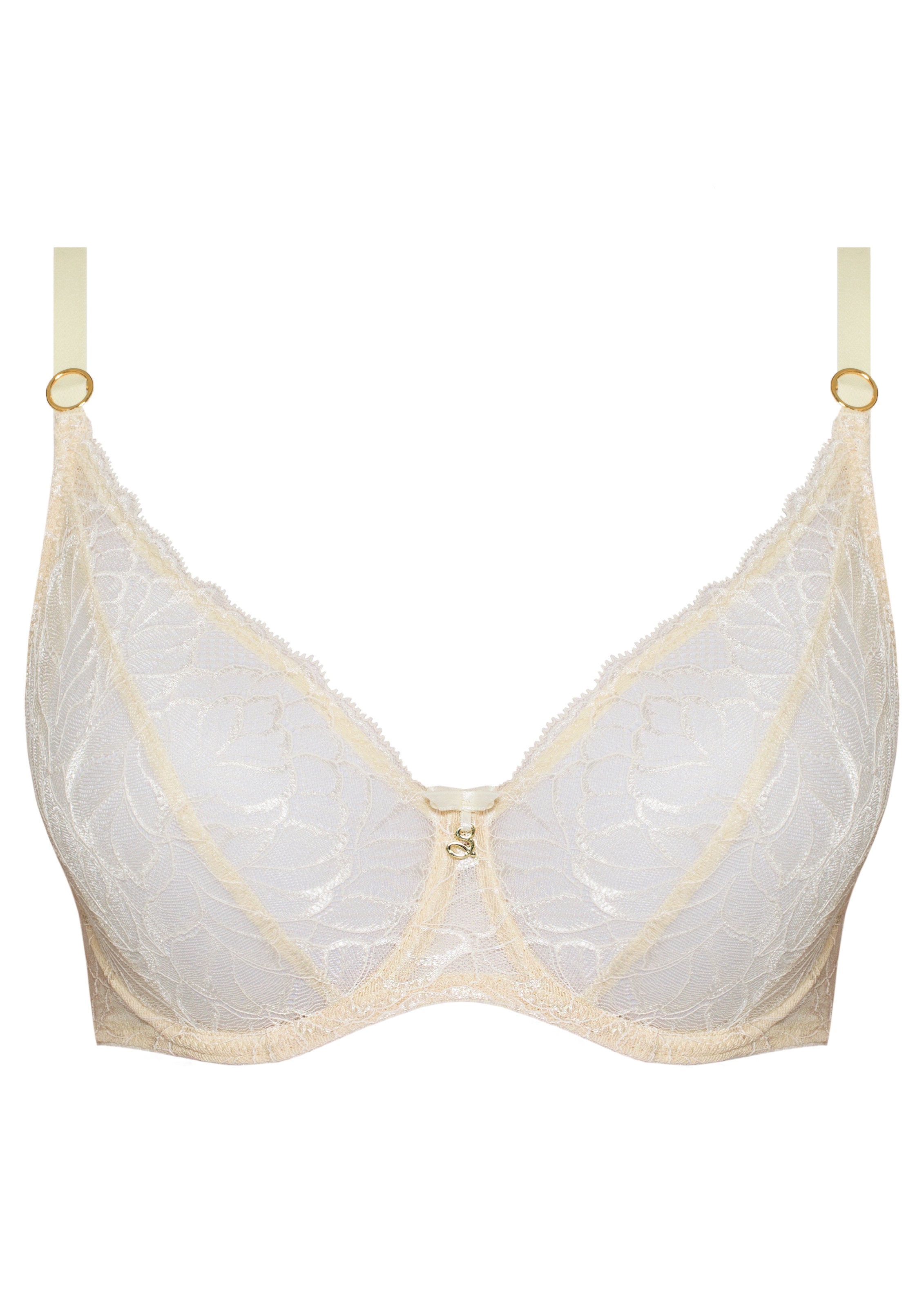 Product close-up of Samanta Amelia sponge cake mesh balconette bra with floral embroidery and gold-tone center charm, ideal for sheer lingerie lovers.