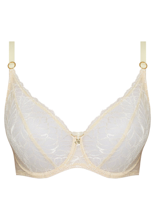 Product close-up of Samanta Amelia sponge cake mesh balconette bra with floral embroidery and gold-tone center charm, ideal for sheer lingerie lovers.