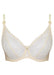 Product close-up of Samanta Amelia sponge cake mesh balconette bra with floral embroidery and gold-tone center charm, ideal for sheer lingerie lovers.