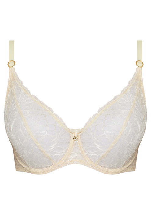 Product close-up of Samanta Amelia sponge cake mesh balconette bra with floral embroidery and gold-tone center charm, ideal for sheer lingerie lovers.