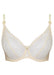 Product close-up of Samanta Amelia sponge cake mesh balconette bra with floral embroidery and gold-tone center charm, ideal for sheer lingerie lovers.