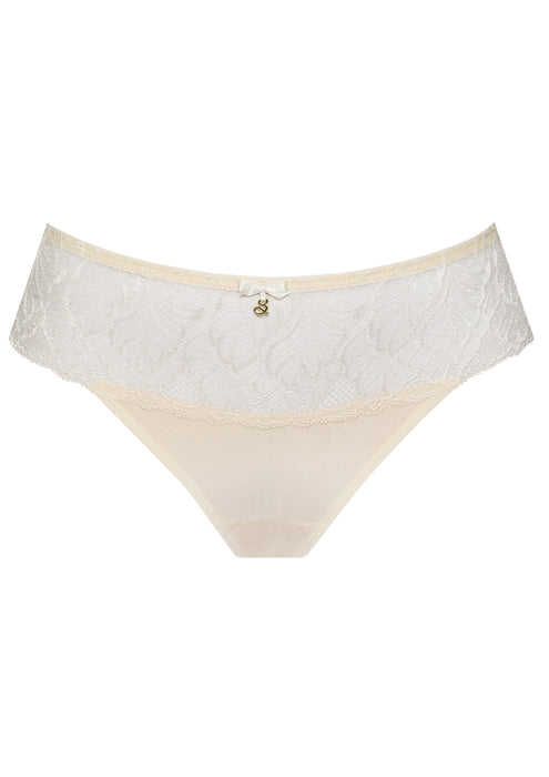 Low-rise mesh string panty Samanta Amelia in ivory with scalloped lace waistband and delicate bow detail, ideal for elegant lingerie sets.