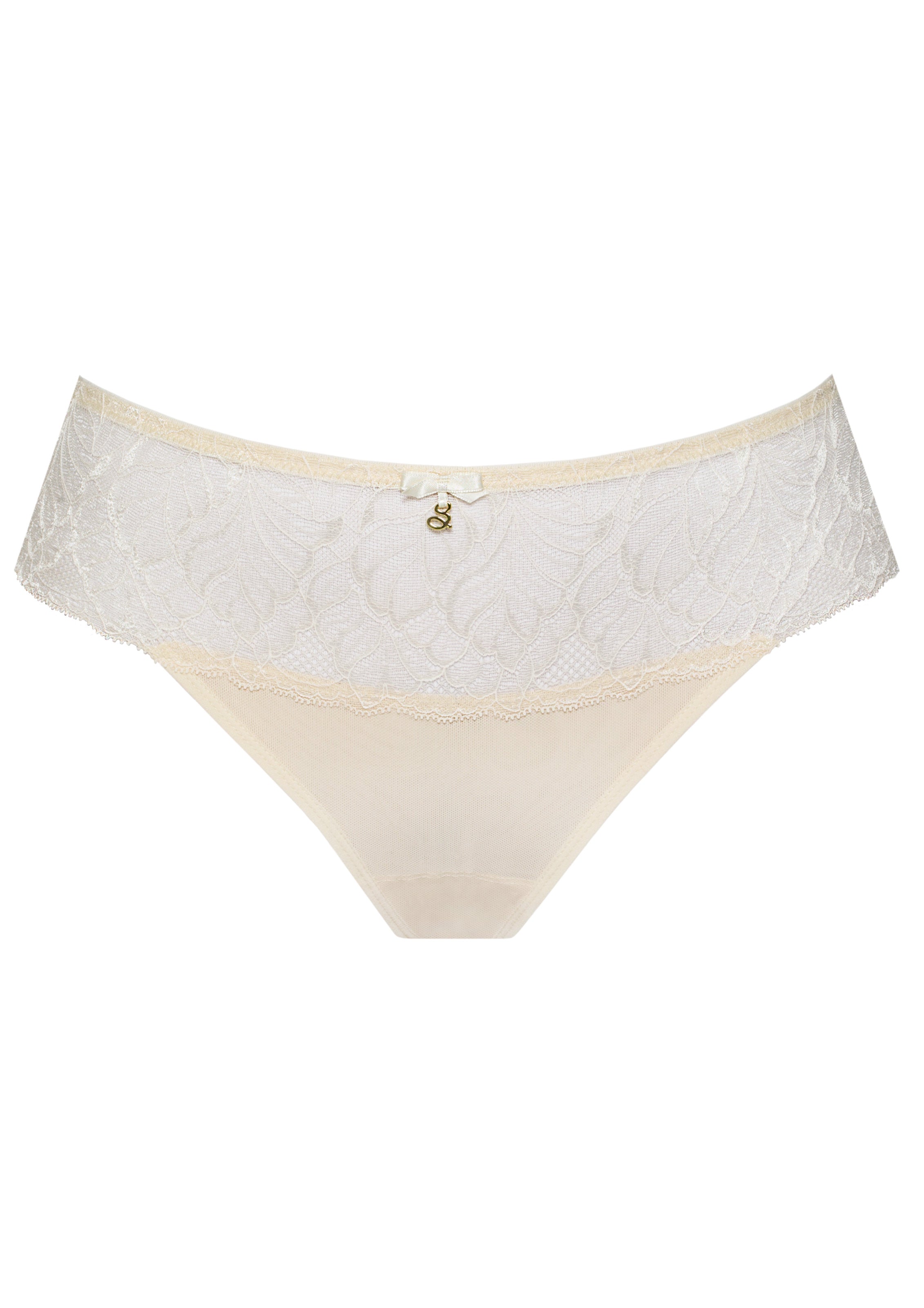 Low-rise mesh string panty Samanta Amelia in ivory with scalloped lace waistband and delicate bow detail, ideal for elegant lingerie sets.