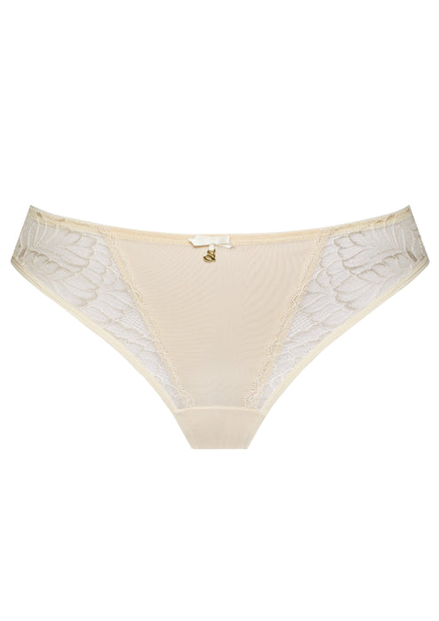 Low-rise mesh Brazilian tanga panty Amelia M300 in ivory with lace side panels and satin bow, perfect for elegant lingerie sets.