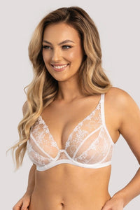Sexy Sheer Mesh Triangle Bra Unikat Rubi in white with floral embroidery and underwire support, available at Lavinia Lingerie. Ideal for bridal lingerie.