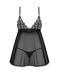 Back view of Obsessive Blomentis Black Mesh Babydoll Set with sheer skirt and lace thong, ideal for romantic lingerie collections.