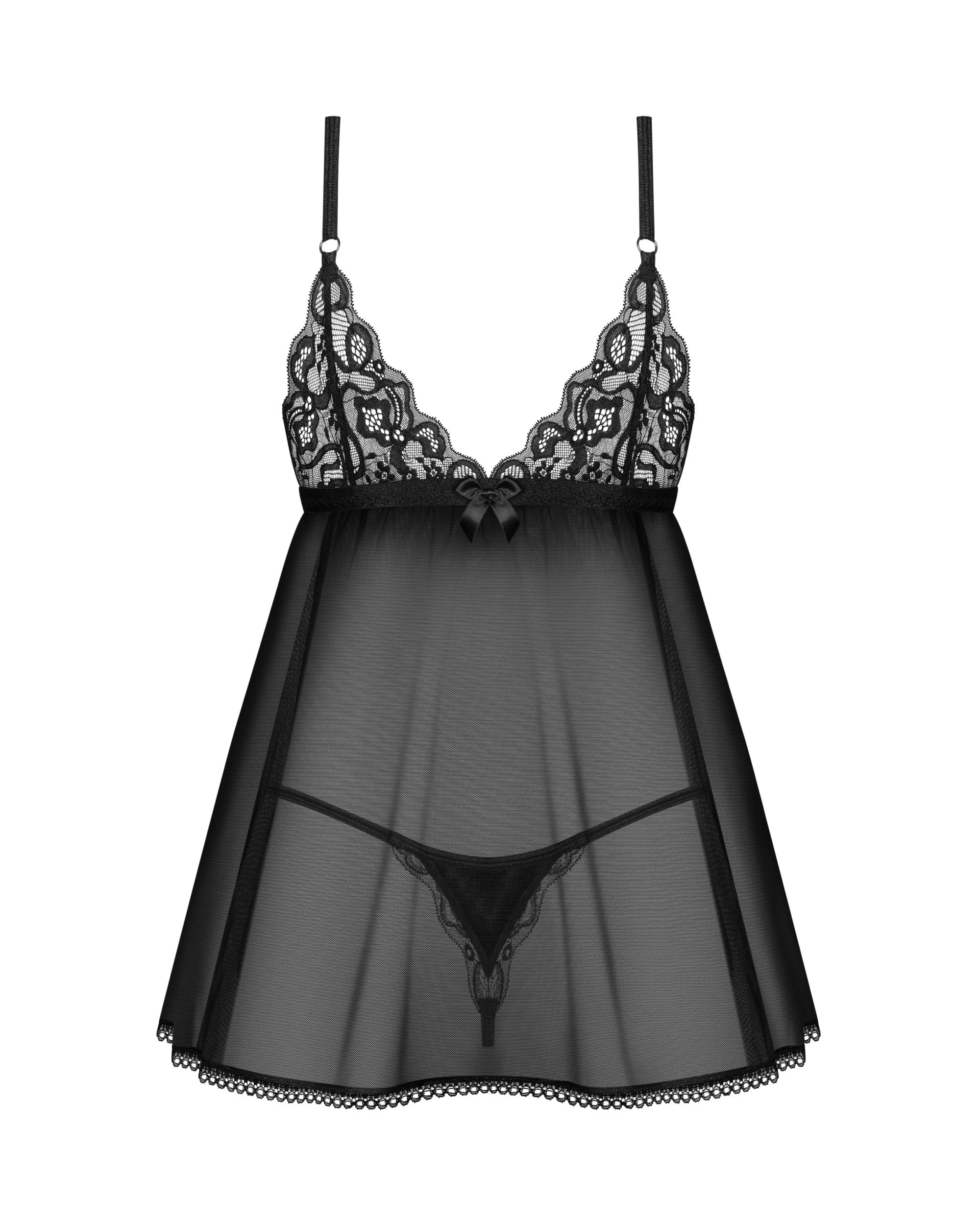Back view of Obsessive Blomentis Black Mesh Babydoll Set with sheer skirt and lace thong, ideal for romantic lingerie collections.