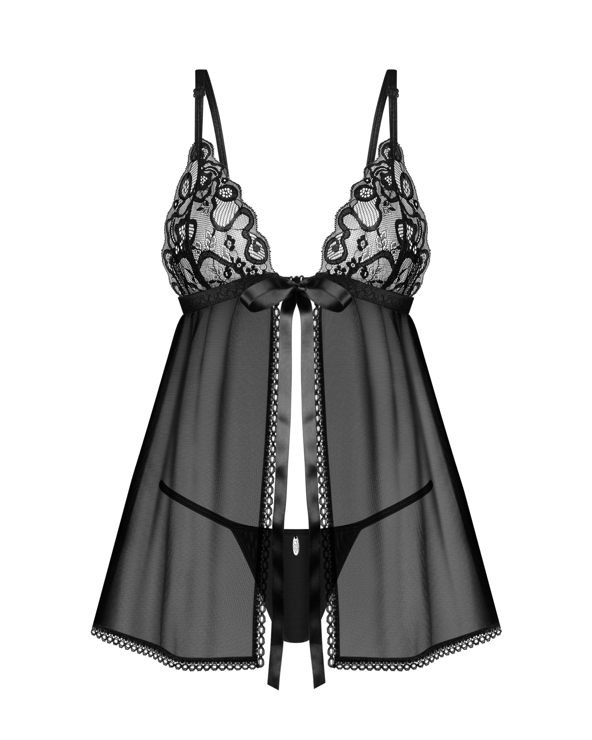 Flat lay of Obsessive Blomentis Black Sheer Mesh Babydoll Set showing lace-trimmed cups, satin bow, and coordinating thong for a sexy ensemble.