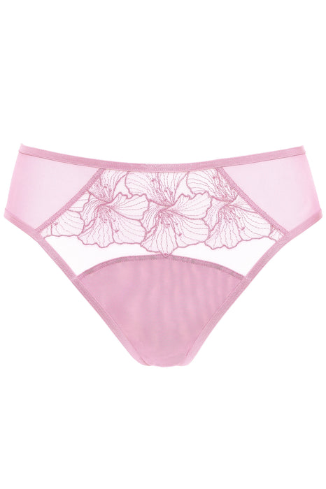 Flat lay of Gorteks Bloom Floral Embroidery Bikini Panty in pink. Features sheer mesh panels and intricate floral embroidery on the front.