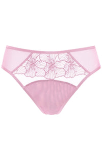 Flat lay of Gorteks Bloom Floral Embroidery Bikini Panty in pink. Features sheer mesh panels and intricate floral embroidery on the front.