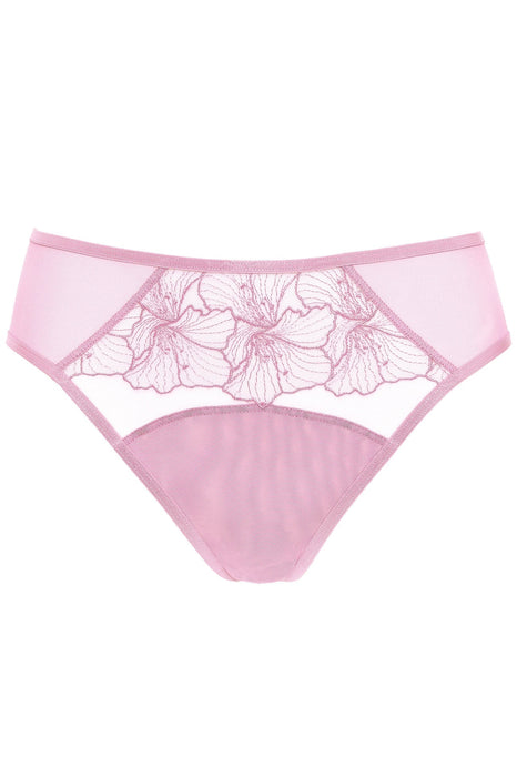 Flat lay of Gorteks Bloom Floral Embroidery Bikini Panty in pink. Features sheer mesh panels and intricate floral embroidery on the front.