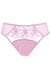 Flat lay of Gorteks Bloom Floral Embroidery Bikini Panty in pink. Features sheer mesh panels and intricate floral embroidery on the front.